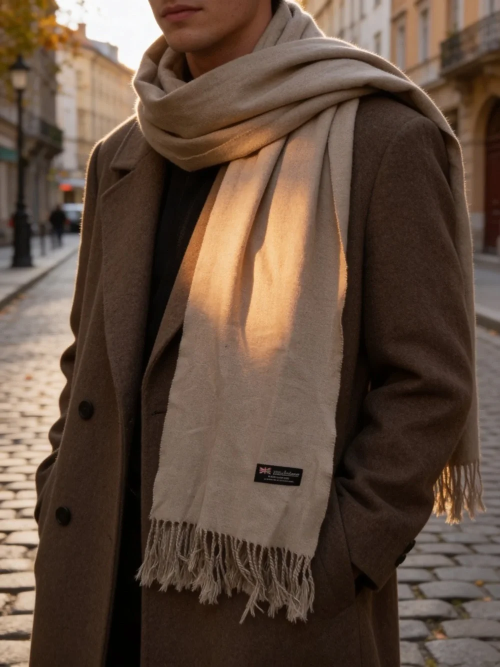 Men's Fringed Winter Scarf in Beige — Premium Soft Weave-100% Cashmere